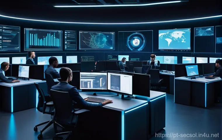 보안 컨설팅에서 보안 사고 대응 사례 - **Prompt 1: Cybersecurity Incident Response Team in a High-Tech Command Center.**
A diverse team...