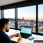 보안 컨설턴트가 알아야 할 머신러닝 보안 - Photorealistic cybersecurity consultant in a modern Lisbon office, studying machine learning securit...