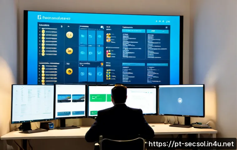 보안솔루션 평가 및 선택 기준 - Photorealistic cybersecurity evaluation scene in a modern Portuguese small business office, a divers...